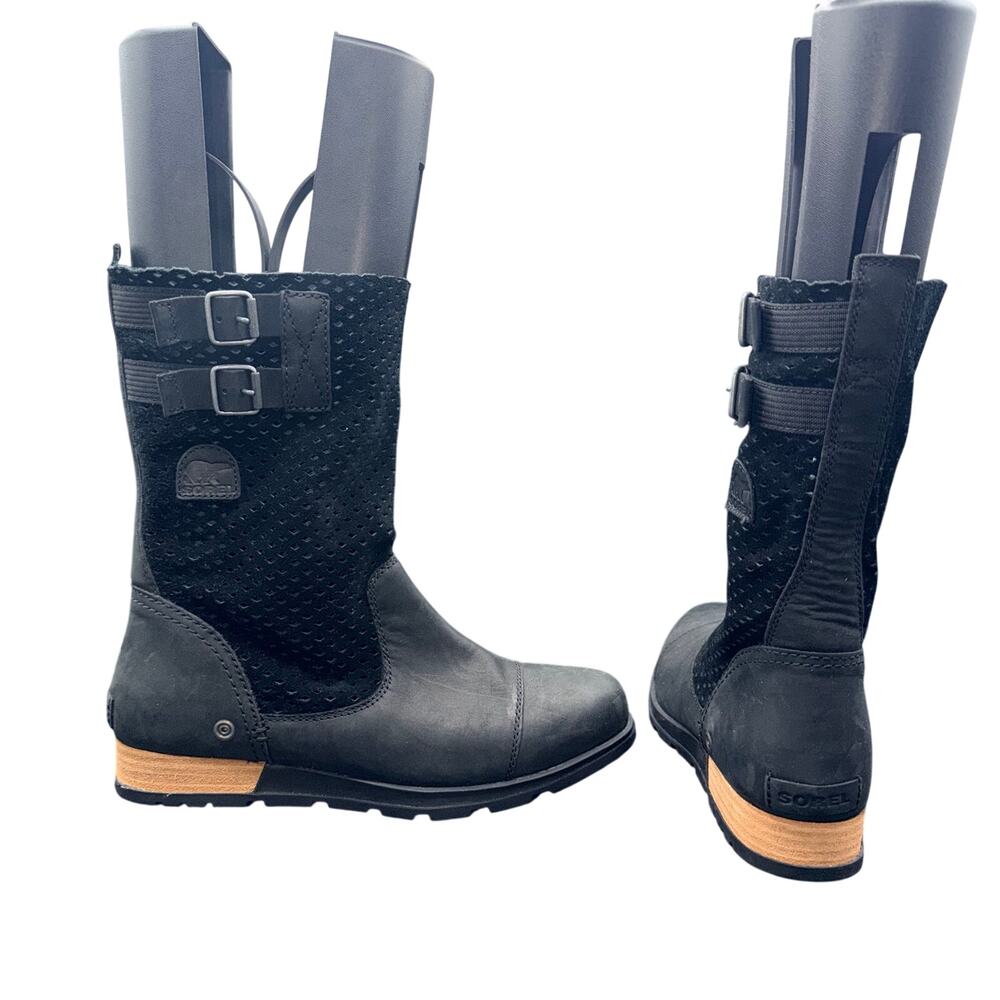 Sorel Lea Wedge Mid Black Perforated Leather Boots Women’s 10
